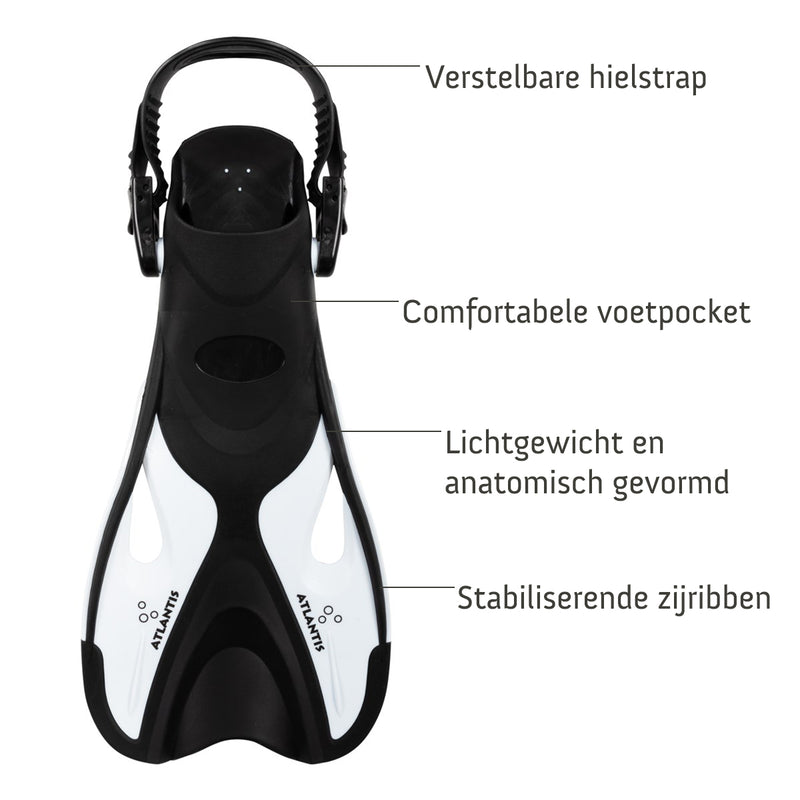 Dolphin - Zwemvliezen - Flippers - Verstelbare Hielstrap - Voor Zwemmen & Snorkelen - Volwassenen - Zwart/Wit