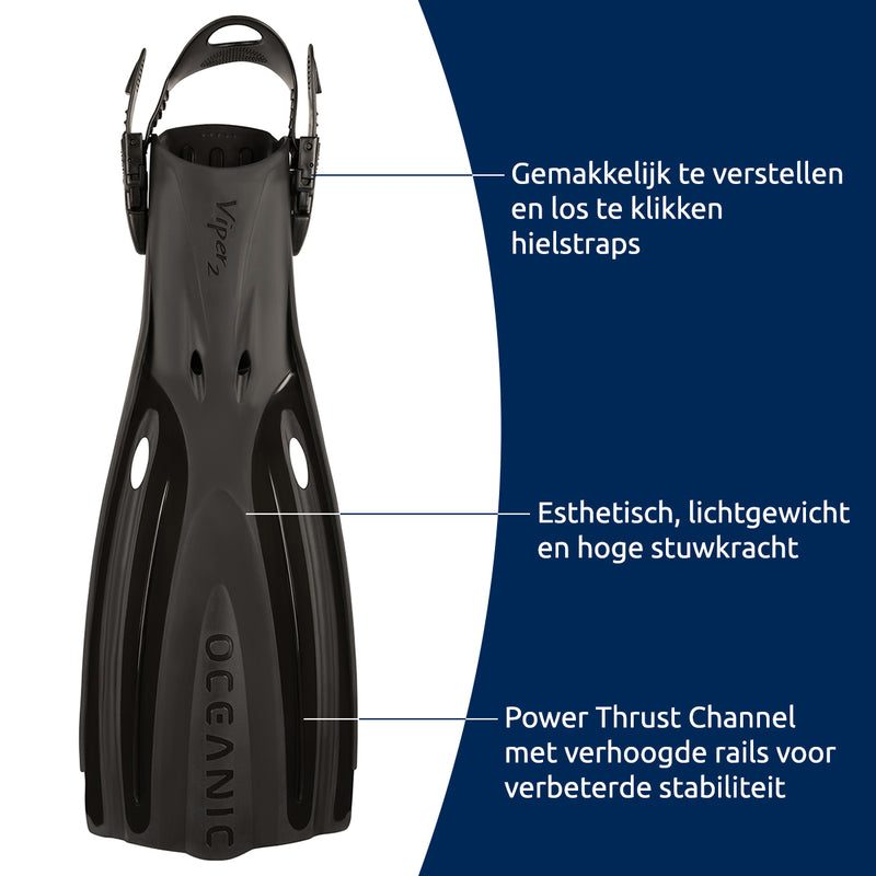 Viper 2 - Flippers - Zwemvliezen Open Heel - Volwassenen - Zwart